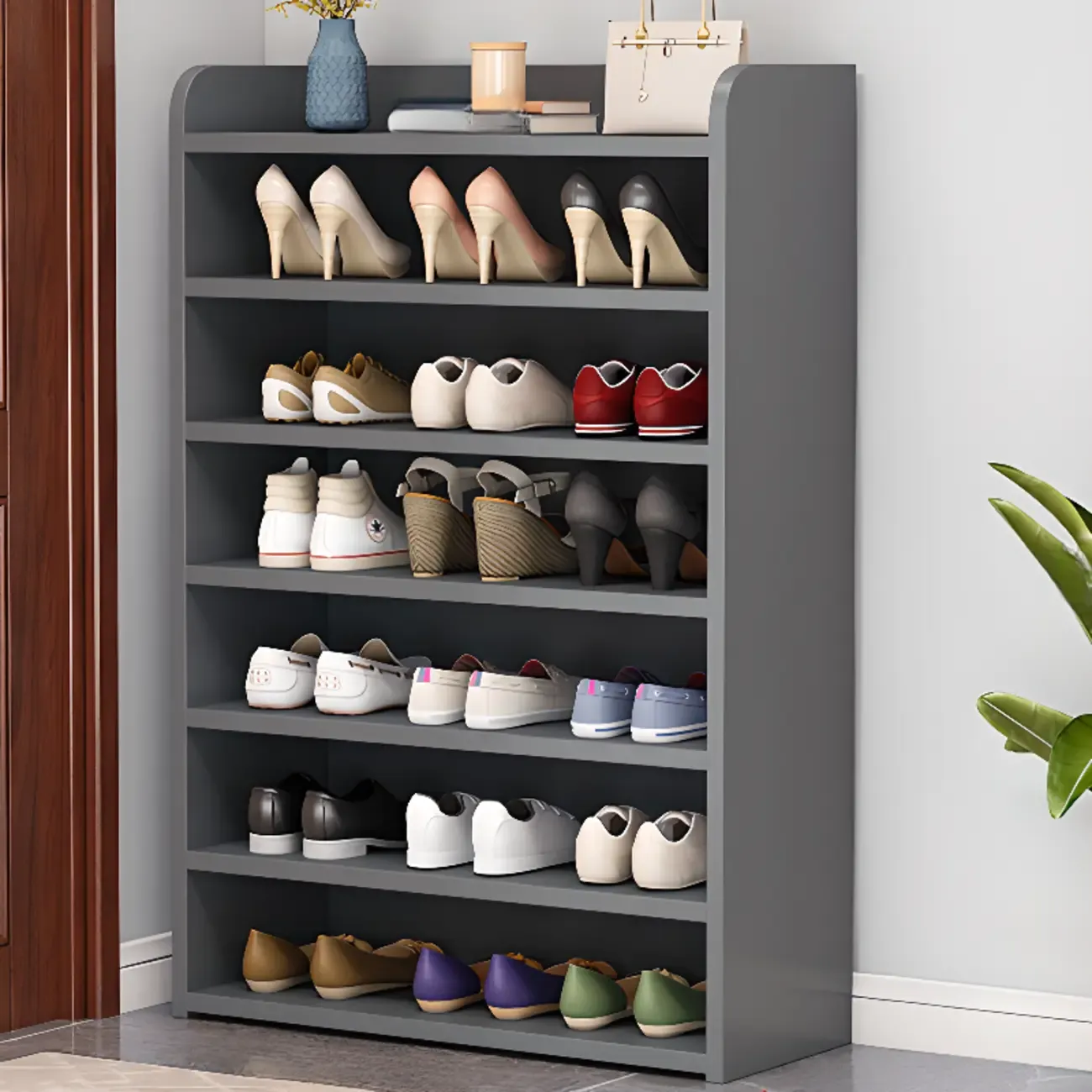 Vertical White Wooden Hallway 6-Tier Open Shoe Rack
