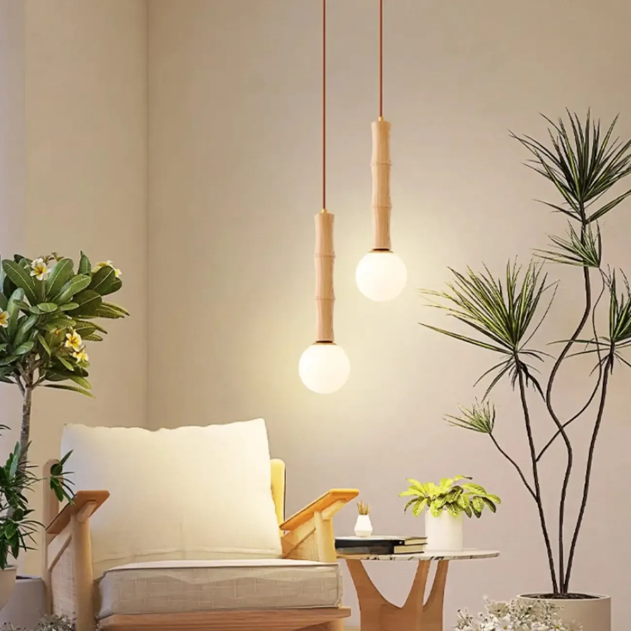 Adjustable Wood & Glass Globe Hanging Pendant Light Fixture