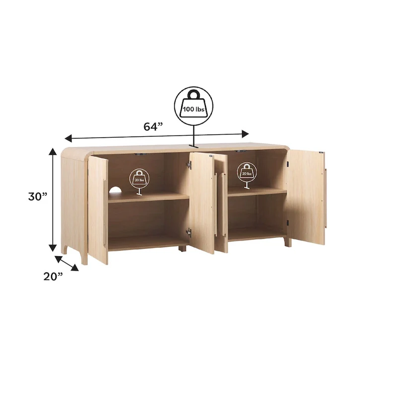 64-Inch Modern Sideboard Buffet Cabinet with Waterfall Edges, Wooden Handles, Storage Shelves, MDF Laminate for Dining Room