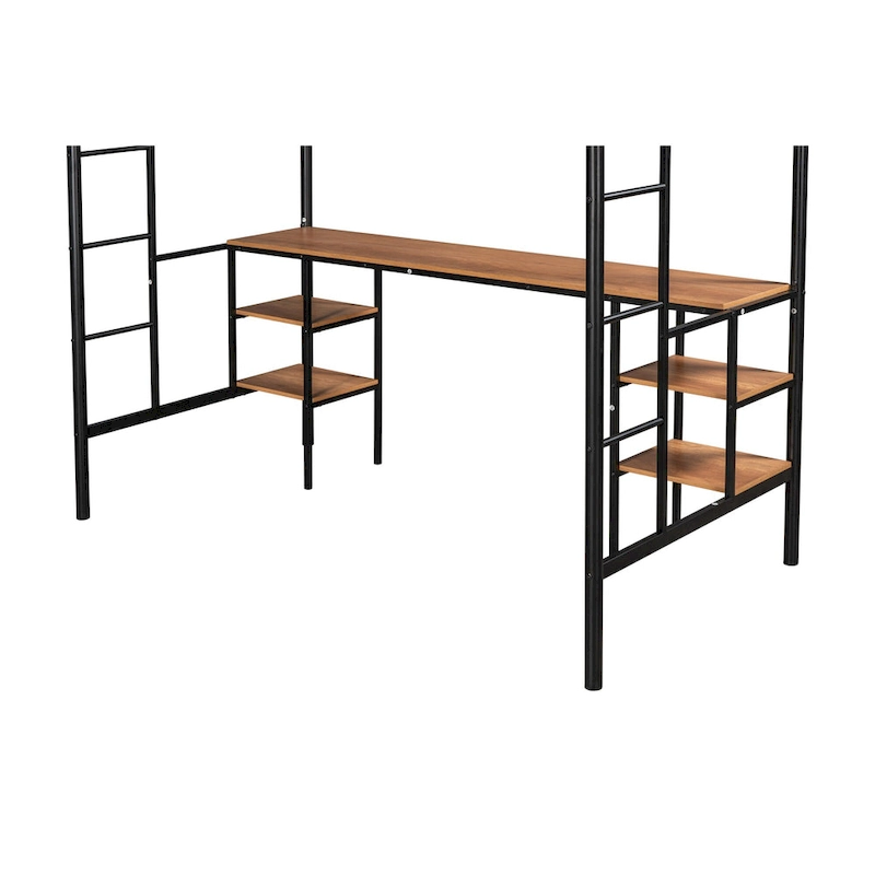 Twin Metal Loft Bed with Table & Shelves