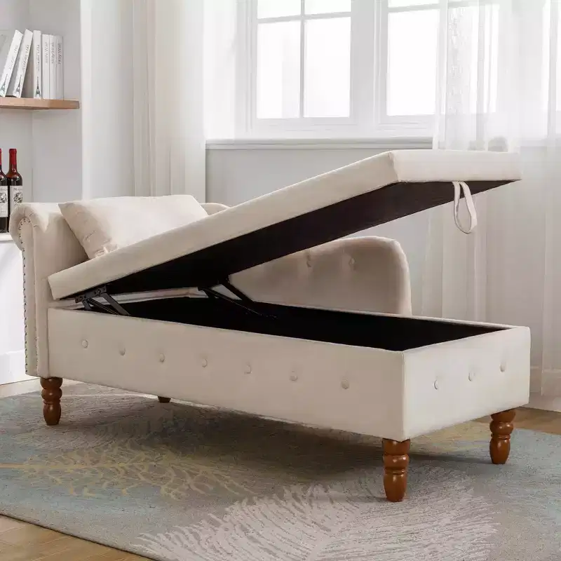 MAYEERTY Velvet Chaise Lounge, Storage Pillow Nailhead Trim Rolled Arm, Living Room Bedroom Office, Beige