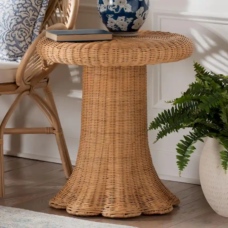 Round Rattan Side Table with Scalloped Pedestal Base