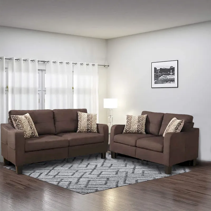 Polyfiber 2 Pieces Sofa Set With Accent Pillows Brown