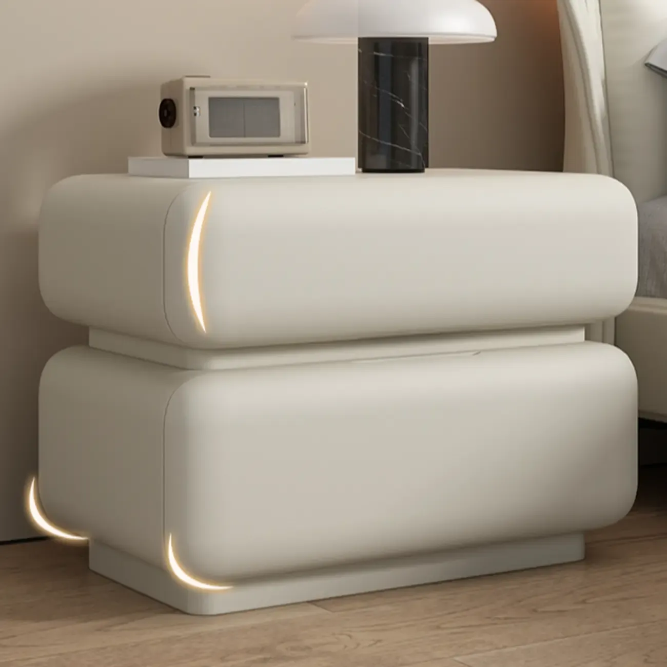 Modern Off-White Faux Leather 2-Drawer Nightstand