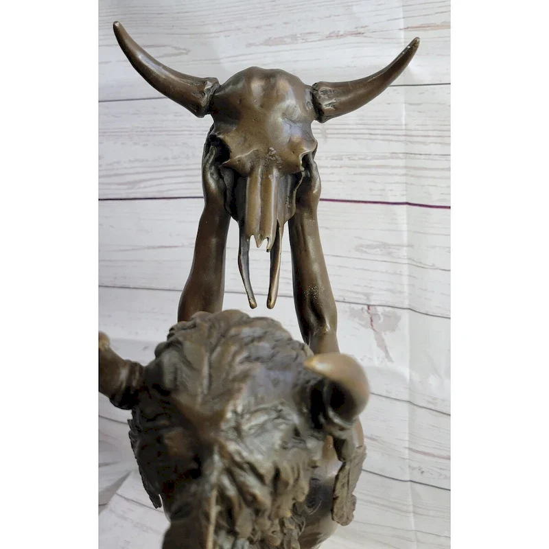 Native American Indian Shaman Medicine Man Holding Bison Skull Bronze Statue Sculpture 23 Inches X 11 Inches