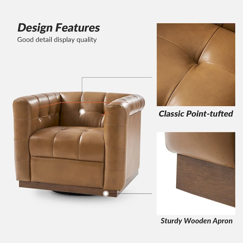 JeremiasMid-certury Modern GenuineLeatherTufted SwivelClubChair with Wooden Apron by HULALA HOME