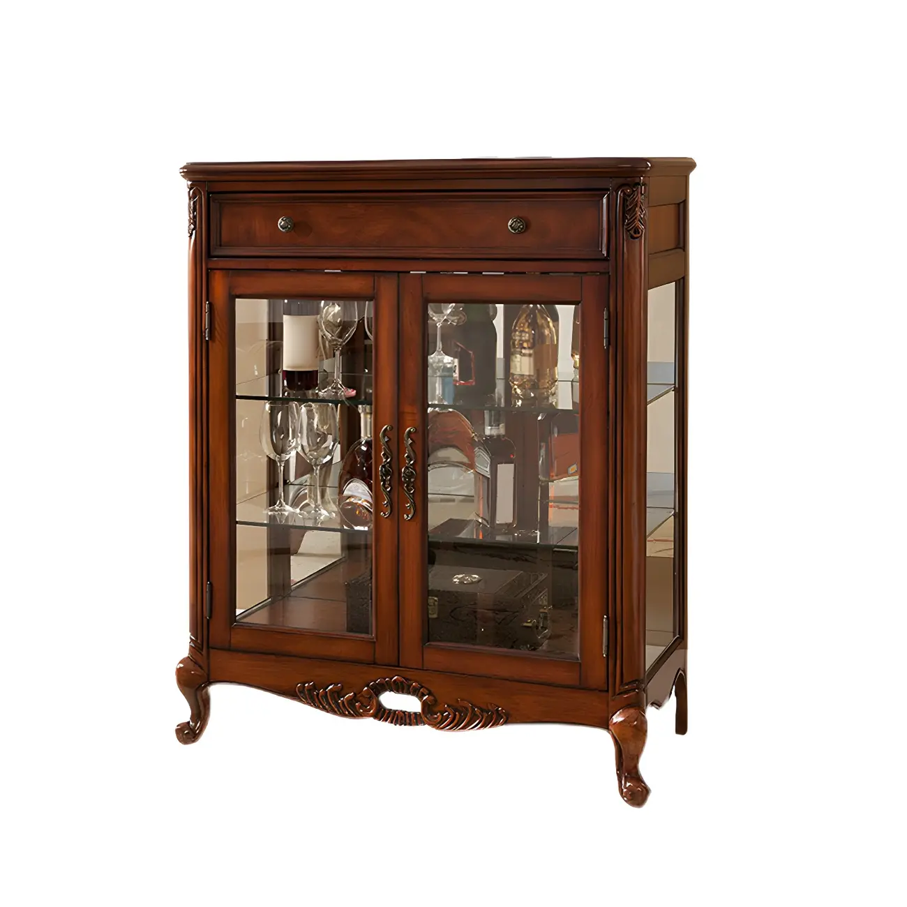 Traditional Wood Brown Glass Shelf Display Cabinet
