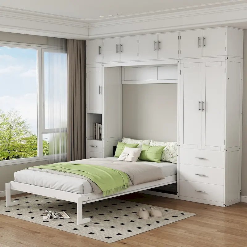 White Full Size Murphy Bed with Drawers, Lockers, and Wardrobes, Modern Wall Bed
