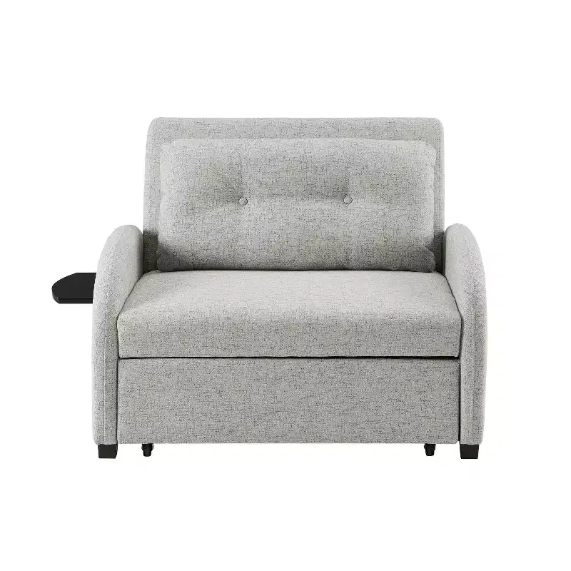 Twin Woven Polyester Fabric Black Wood Frame and Tray Table Convertible Bed Gray: Multifunctional Design, Easy Mobility