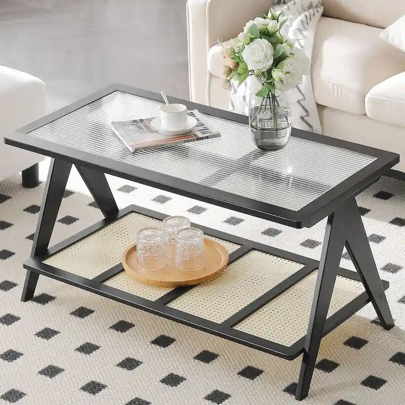 2-Tier Rectangular Coffee Table, Glass Top Sofa Table - 39.4 L x 19.7 W x 19.7 D