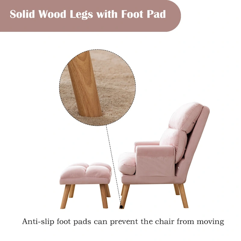 Velvet Fabric Armchair with Ottoman with Adjustable Backrest and Side Pockets