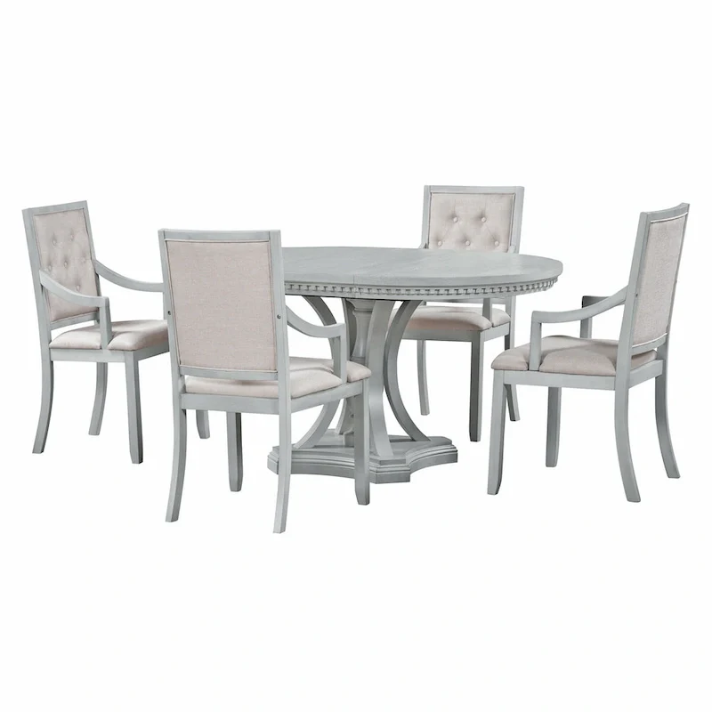 Antique Gray Retro 5-Piece Wooden Dining Table Set with Extendable Round Table & 4 Chairs