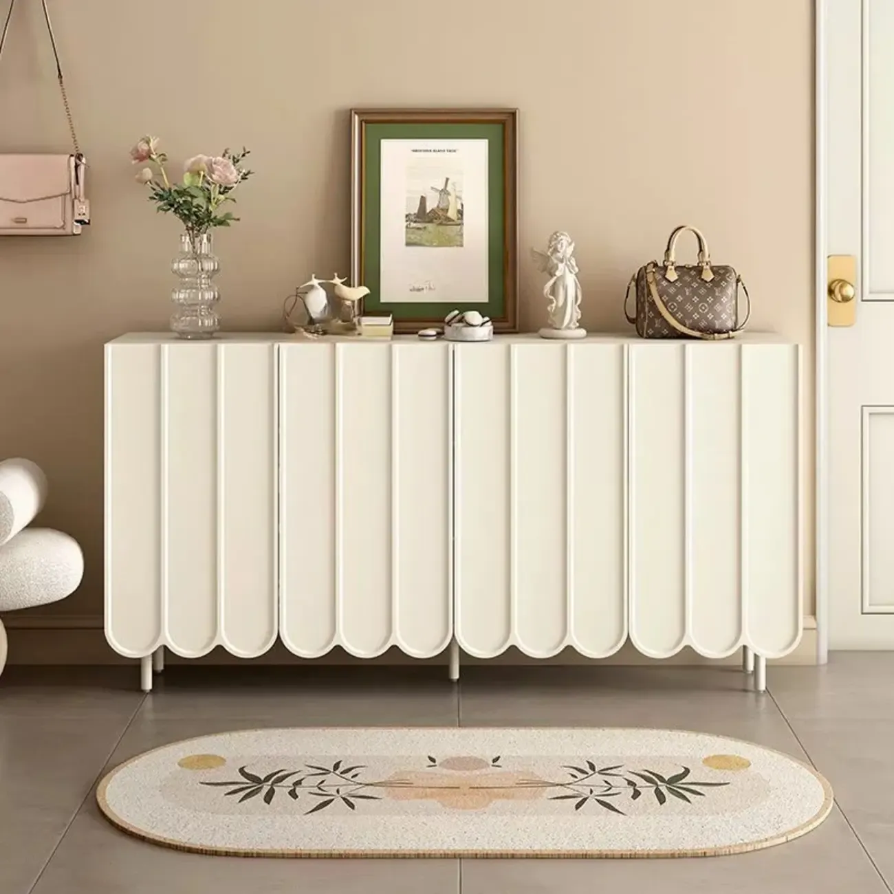 Entryway White Wooden Fluted Front Shoe Cabinet