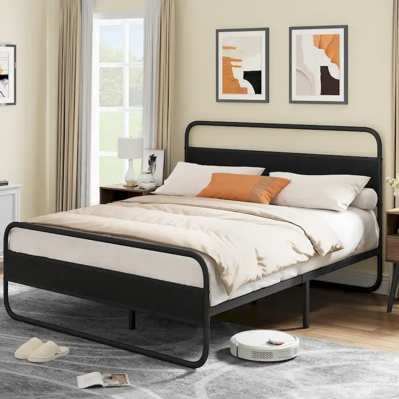 Metal Platform Bed Frame with Wooden Headboard, Modern Bedroom Furniture No Box Spring Needed