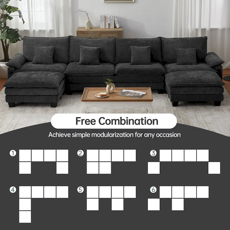 144 Modular Compression Sofa Set Convertible Sectional Sleeper Couch with 2 Ottomans