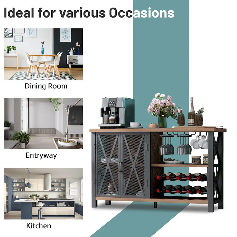 Myhozm Buffet Bar Cabinet with Wine Rack, Modern Buffet/Sideboard Wine Bar Dining Server, Grey/Brown