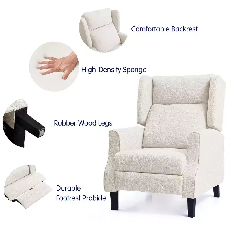 Subrtex Push Back Recliner Chair, Modern Upholstered Manual Wing Chair