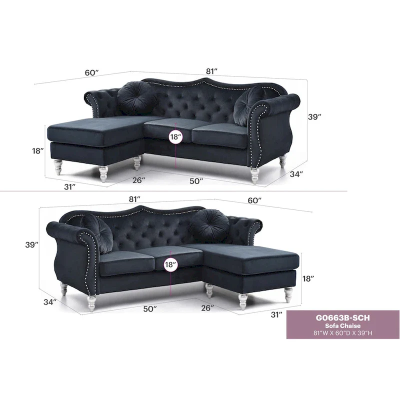 81 in. Velvet Chesterfield Sectional Sofa with 2-Throw Pillow - 81L x 35W x 34H