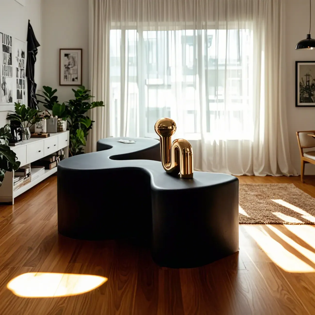 Modern Black Resin Wave Coffee Table with Abstract Design