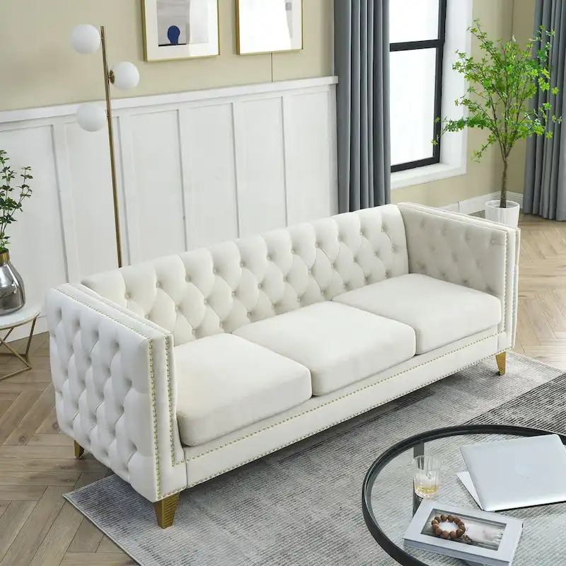 Velvet Upholstered 3 Seat Sofa, Classic Chesterfield Couch Buttons Tufted Square Arm Sofa with Nailheads and Metal Legs