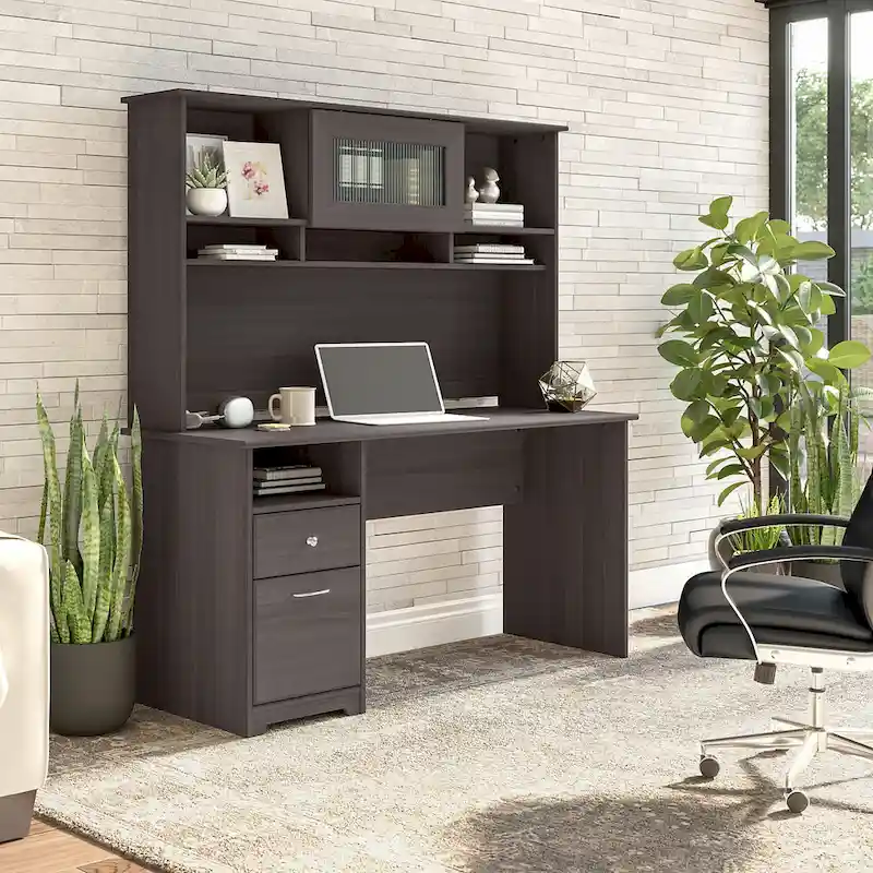 60W Computer Desk with Hutch in Espresso Oak