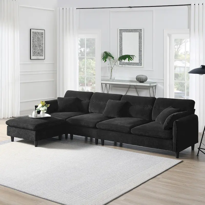 110  Modern L-Shaped Convertible 5-Seat Sectional Sofa with Removable Ottoman and 5 Cushions, Plush Chenille Fabric