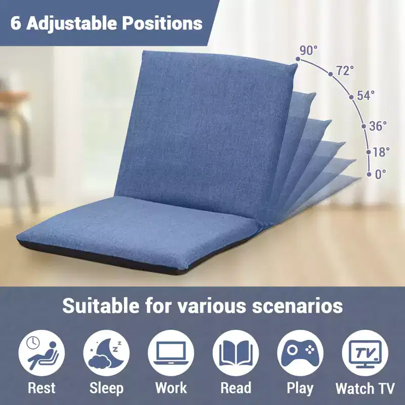 Blue/Gray Adjustable Collapsible Floor Chair, 1-Person Cotton-Linen Lounge Seat