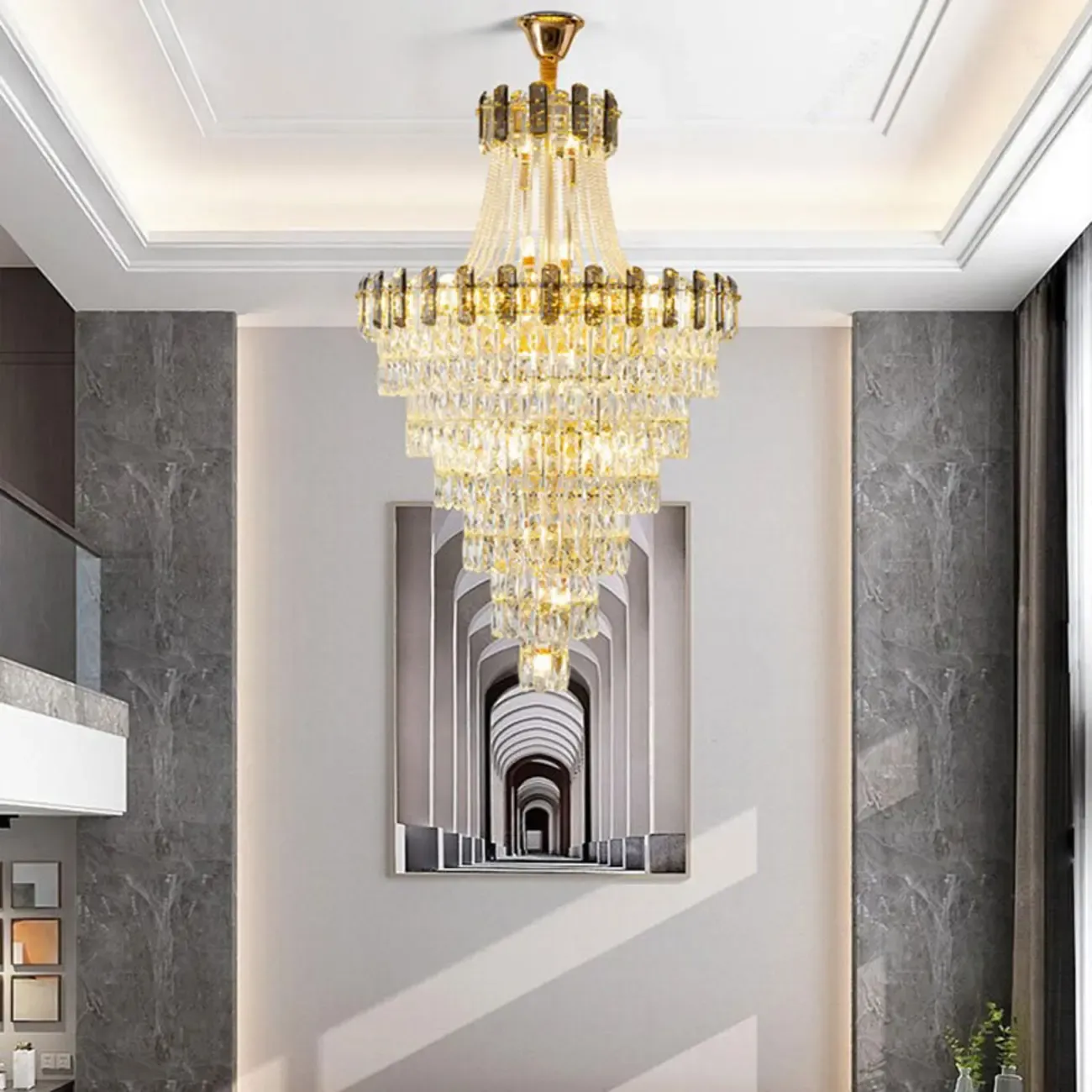 Luxury Long Cascading Crystal Gold Chandelier