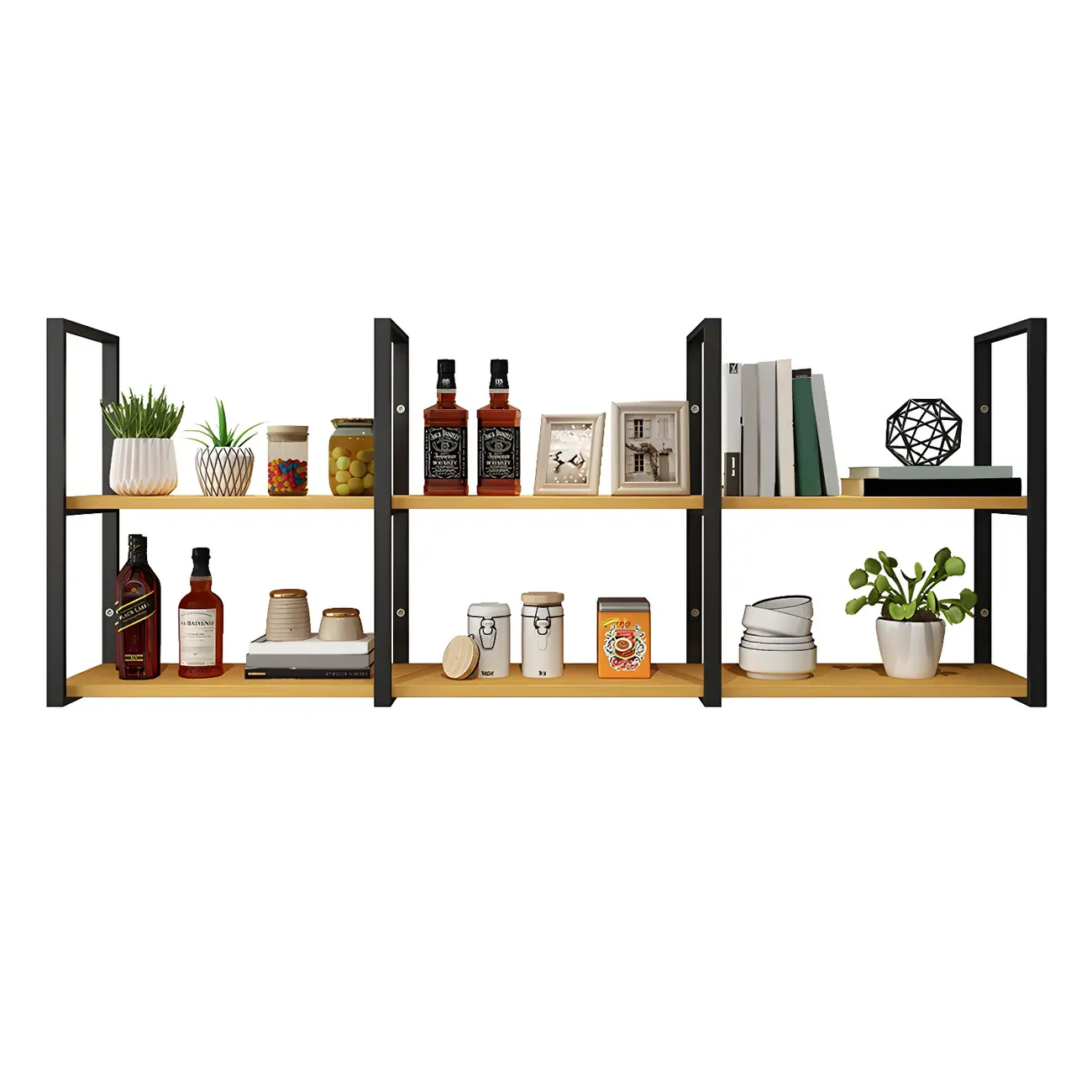Industrial Wall-Mounted 3-Tier Wood Display Shelf