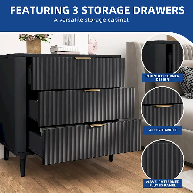 Moasis Modern Fluted 3-Drawer Dresser Chest of Drawers Natural Oak