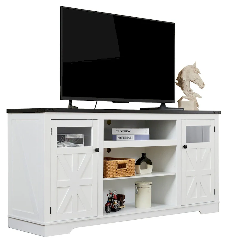 Black/White Farmhouse TV Stand, Fits 75" TVs, 66"W x 16"D x 26"H, 9 Compartments, Glass Doors