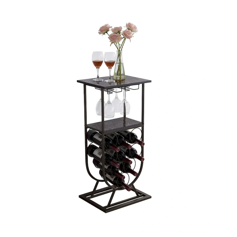 Freestanding Floor Wine Rack Console Table with Glass Holder, Wine Holder Stand for 9 Bottles, Pewter/Marble
