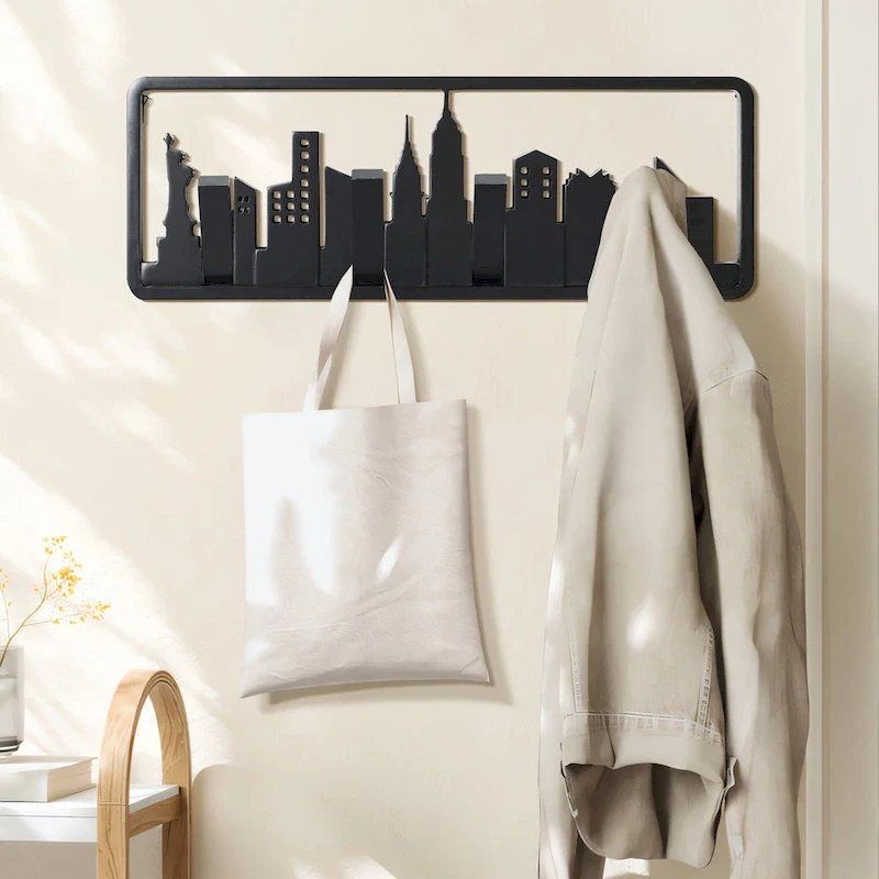 Black Wood 4-Hook Wall-Mounted Coat and Towel Rack - 22.3  Wide