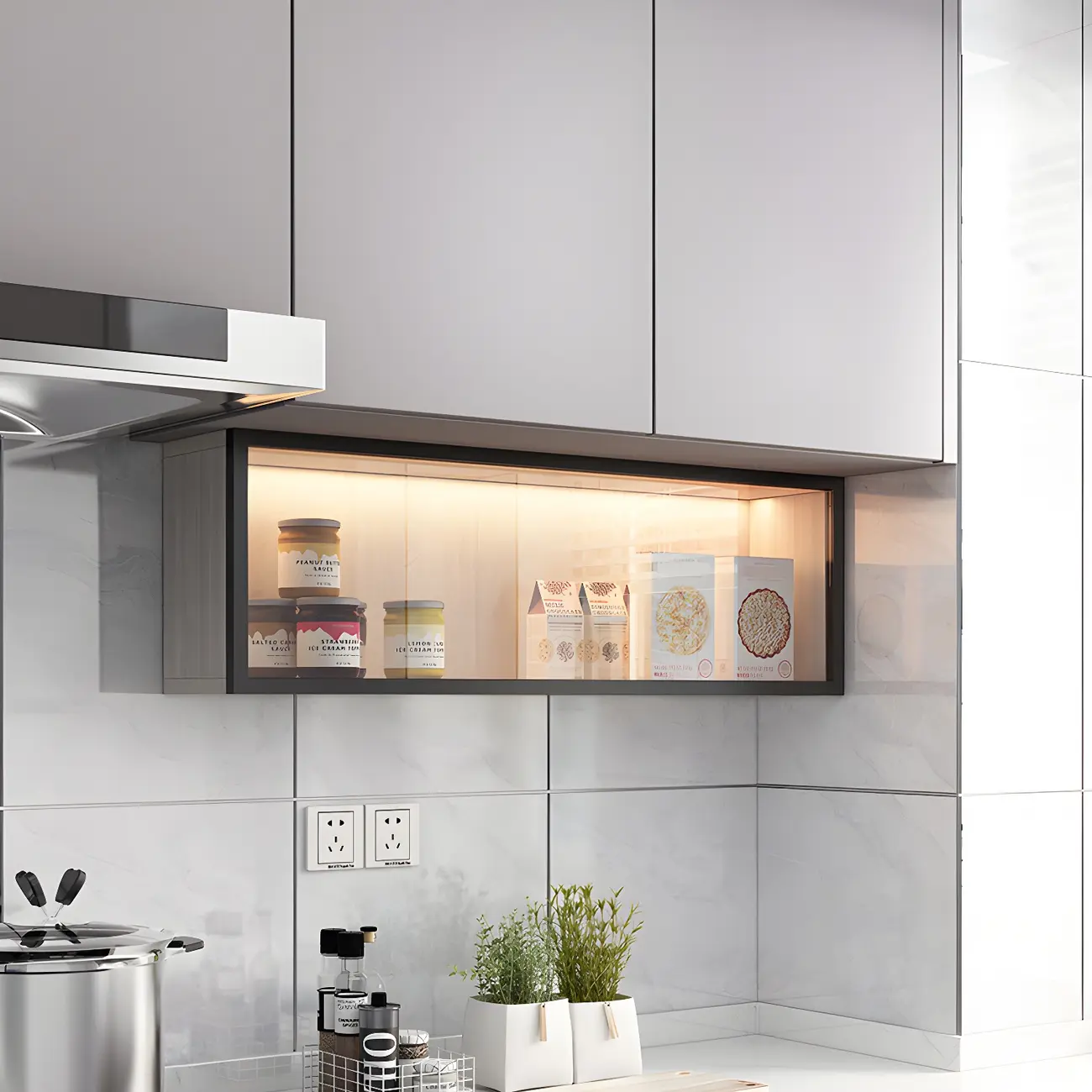 kitchen Black Wall Mount Wood Short LED China Cabinet