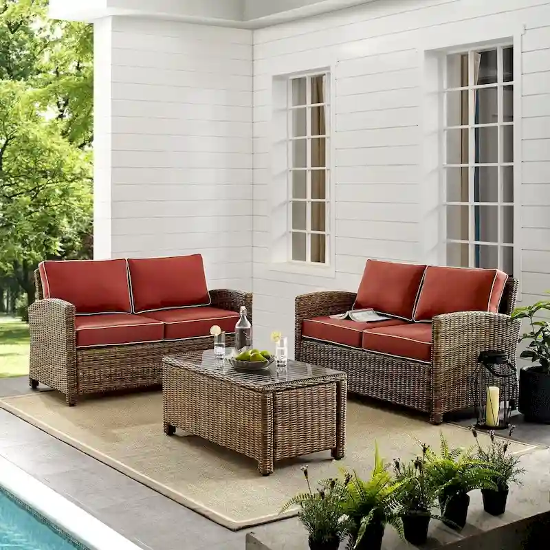 Crosley Bradenton 3-piece Outdoor Wicker Seating Set with Sangria Cushions - 94.5 W x 94.5 D x 32.5 H