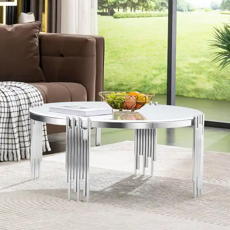 Modern 36 Round Coffee Table with Tempered Glass Top and Polished Chime-Shaped Legs