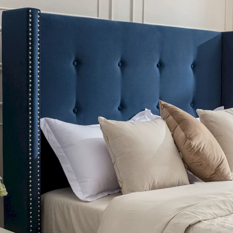 Velvet Upholstered Queen Bed - Wingback with Nailhead Trim