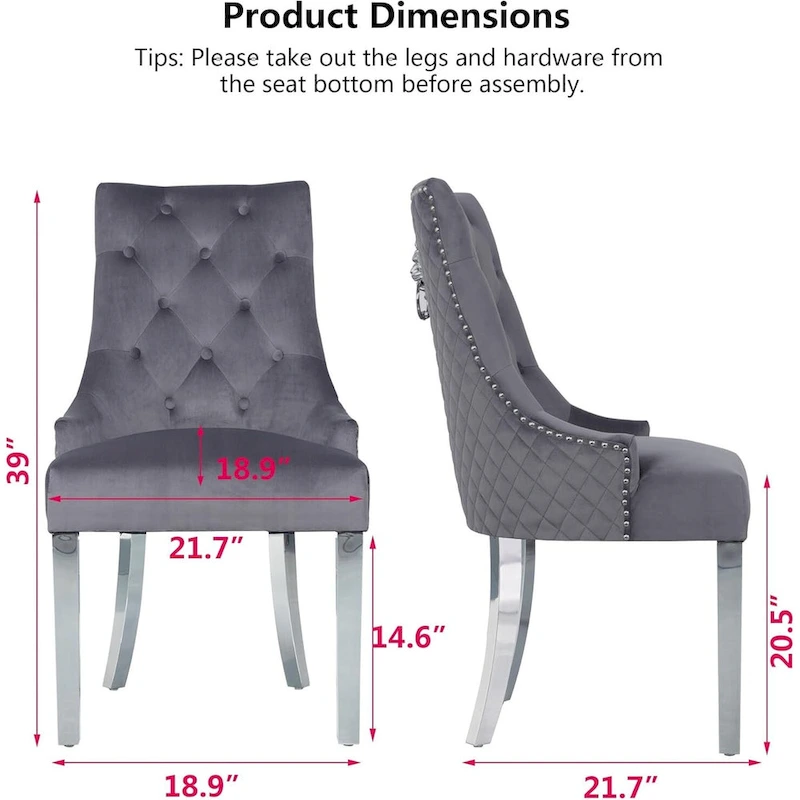 Velvet Dining Chairs Set of 2, Upholstered Tufted Nailhead Dining Room Chairs with Stainless Steel Legs & Lion Head Pull Ring