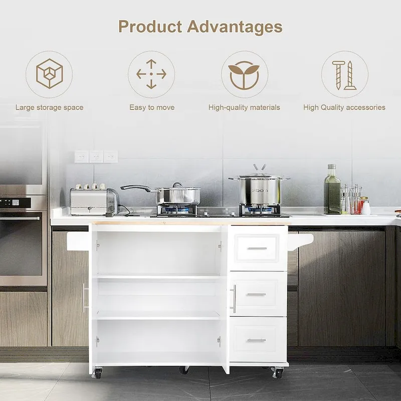 Kitchen Island Cart with Extensible Rubber Wood Top and Locking Wheels