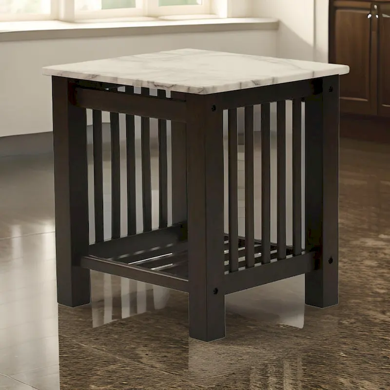 Moen 21 Inch Side End Table, White Faux Marble, Bottom Shelf, Black Wood