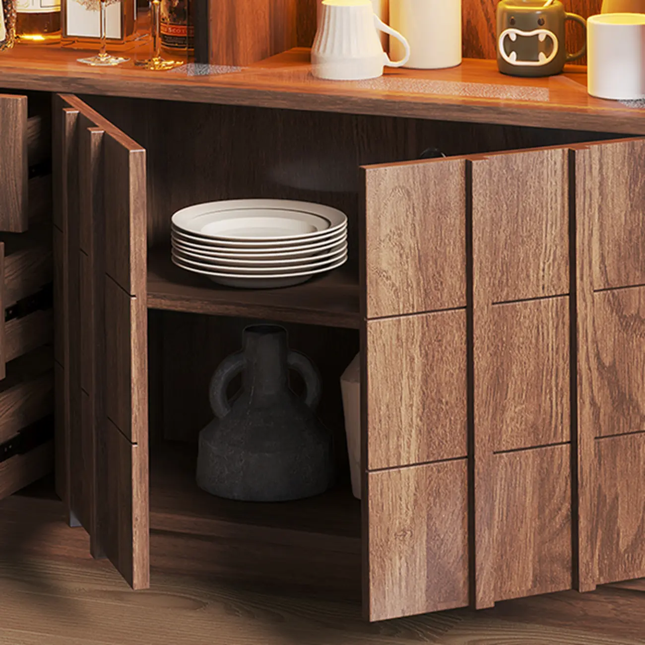 Modern Nut-brown Freestanding Wood Wine Bar Cabinet