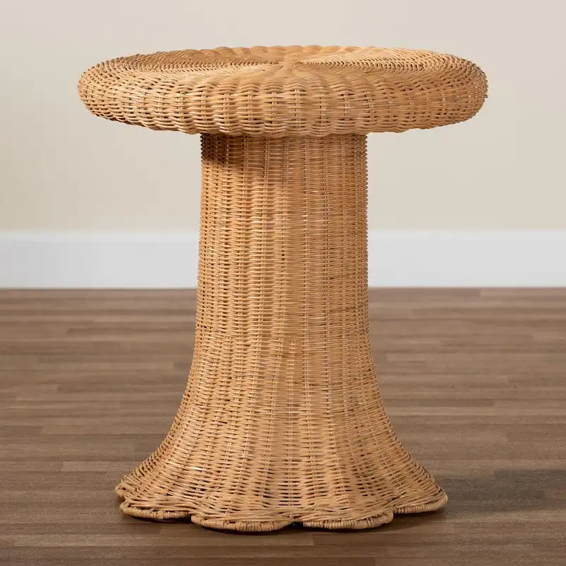 Round Rattan Side Table with Scalloped Pedestal Base