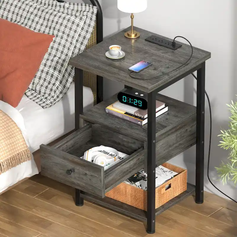 Set of 2 Nightstand with Charge Station and LED Light, End Table with Drawers