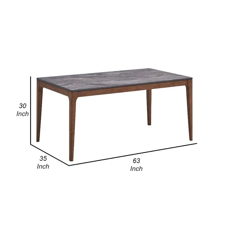 Evis 63 Inch Dining Table, Marble Grain Faux Stone Top, Walnut Brown Wood