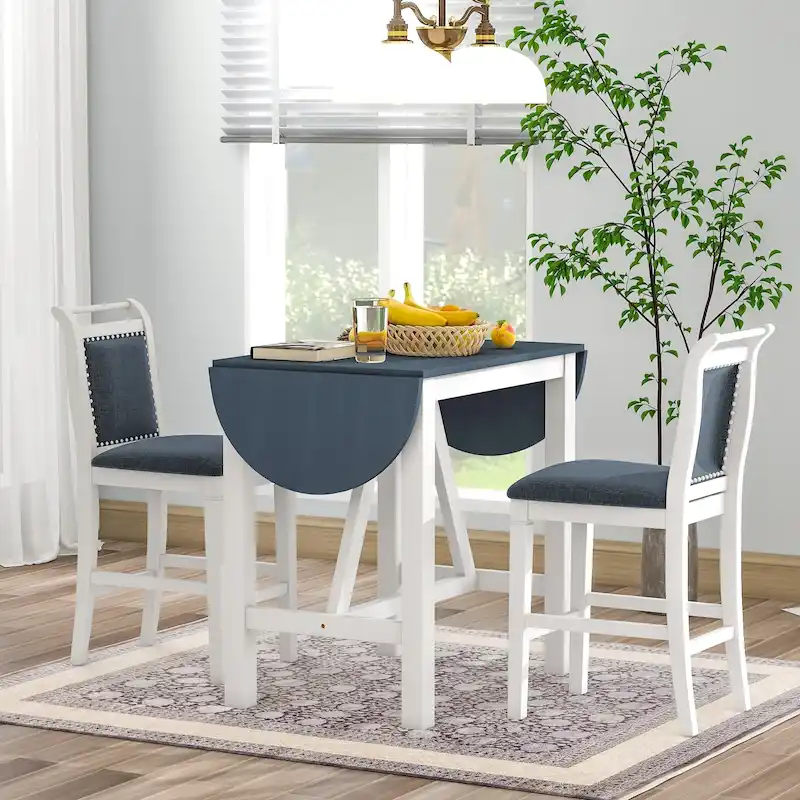 White Drop Leaf Dining Set for 2 with Gray Cushioned Chairs