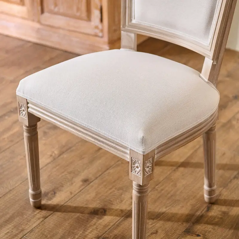 Set of 2 French Side Chairs with Carved Wood Legs & Linen Upholstery