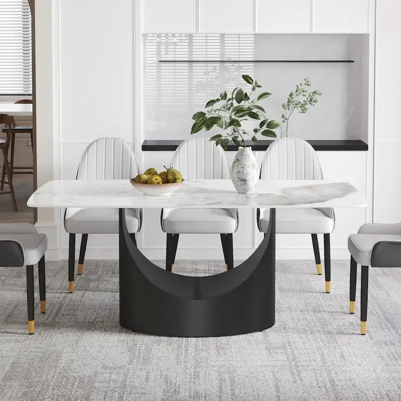 71 Black Marble Sintered Stone Table Top,Rectangle Dining Room Table with Unique U-Shape Black Carbon Steel Pedestal