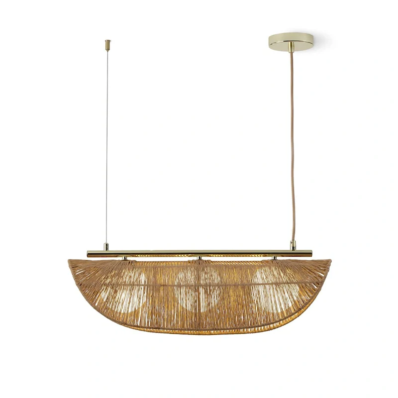 Sovev 3-Light Brass Bohemia Dimmable Linear Globe Pendant Light with Frosted Glass Rattan Shade