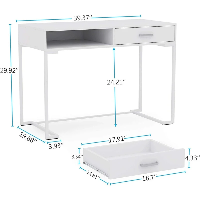 Small Desk with 2 Drawers, MDF Top & Gold Metal Frame, 39.37