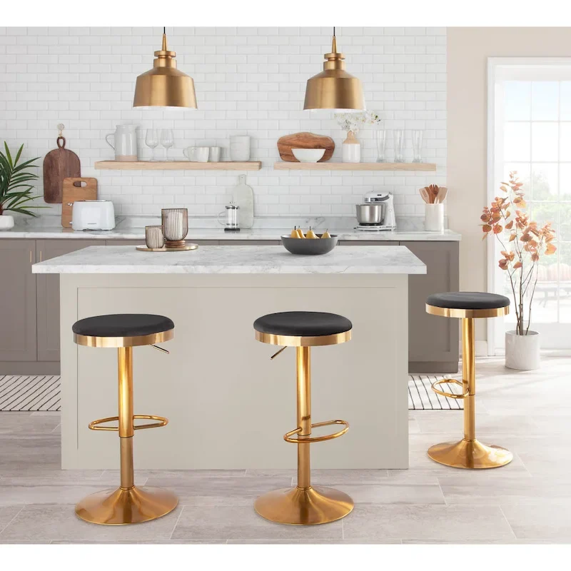 Gold Steel Barstool with Upholstered Seat - Set of 2 - Adjustable Height 23-31.75H